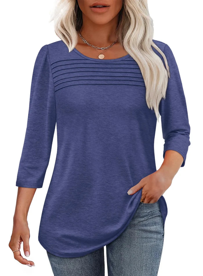 Lena | Women's Crew Neck 3/4 Sleeve Pleated Chest Top