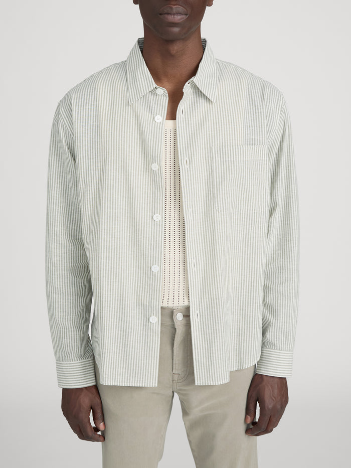 Linen Blend Stripe Shirt -- Khaki Ecru Stripe