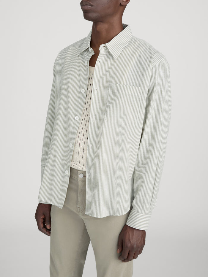 Linen Blend Stripe Shirt -- Khaki Ecru Stripe