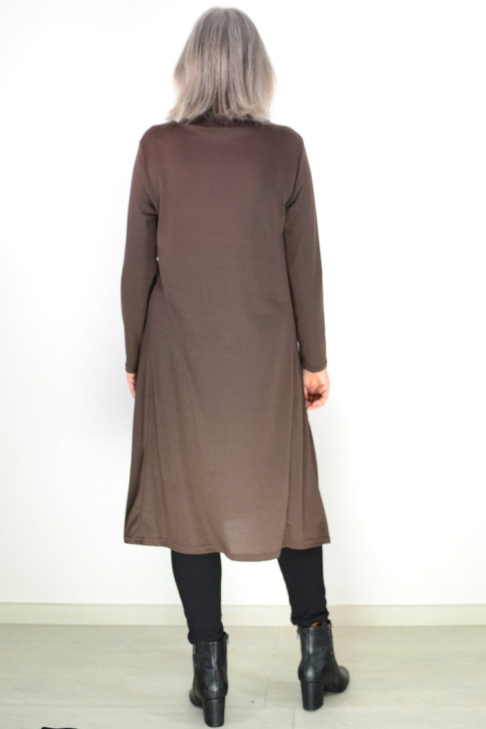 Long brown Hourglass Avalon roll neck tunic with a relaxed fit, displayed on a hanger against a plain background.