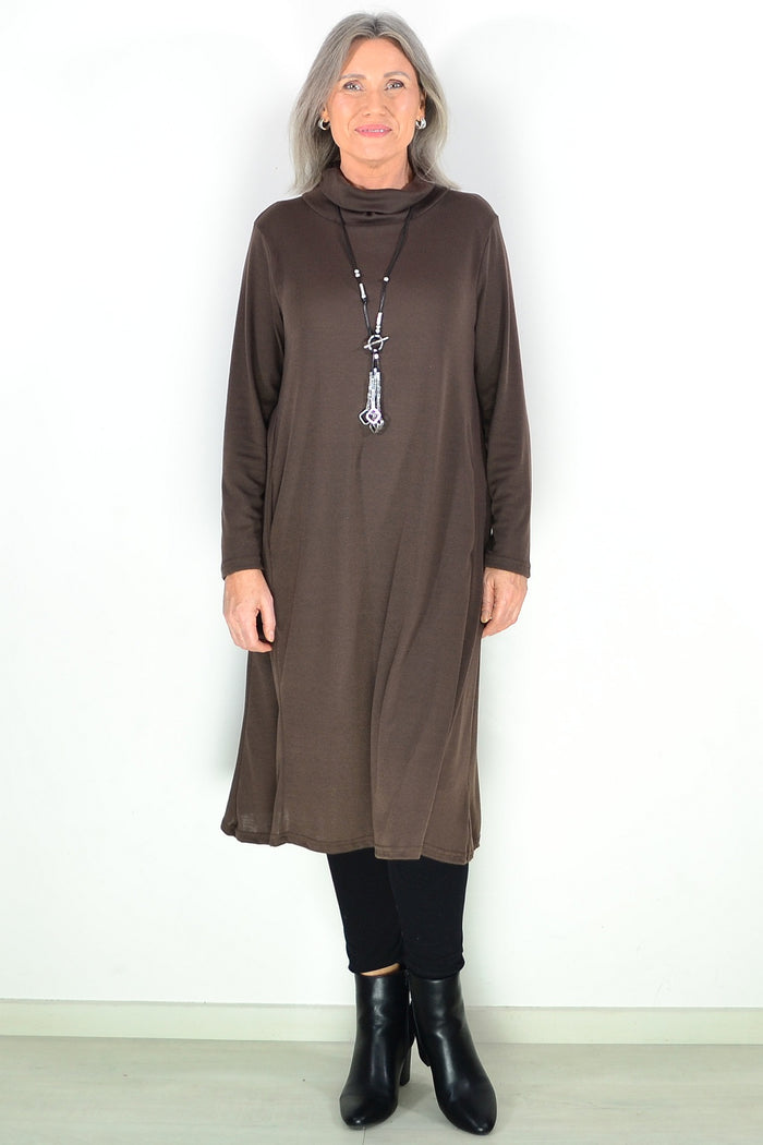 Long brown Hourglass Avalon tunic with roll neck design, showcased on a model with a cozy, stylish fit.