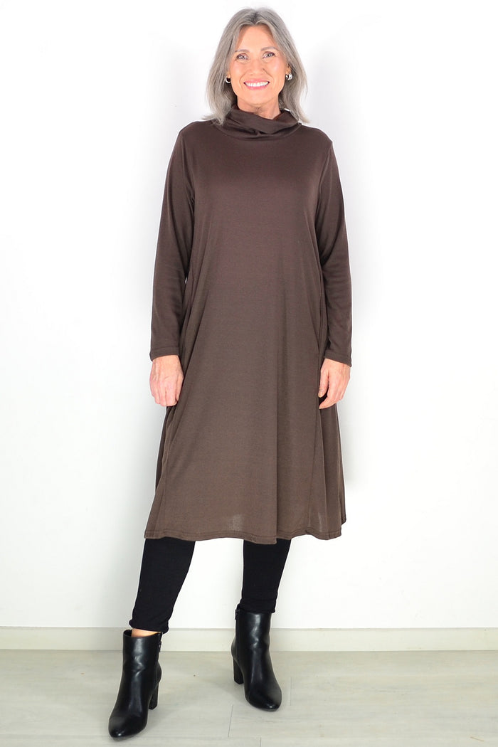 Long brown Hourglass Avalon tunic with roll neck and relaxed fit, displayed on a mannequin in a neutral setting.