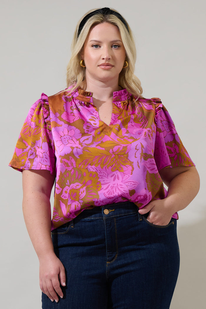 Lorian Floral Mei Split Neck Satin Top Curve