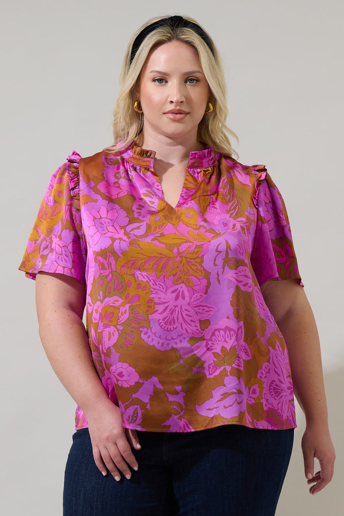 Lorian Floral Mei Split Neck Satin Top Curve
