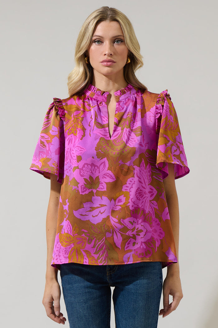 Lorian Floral Mei Split Neck Satin Top