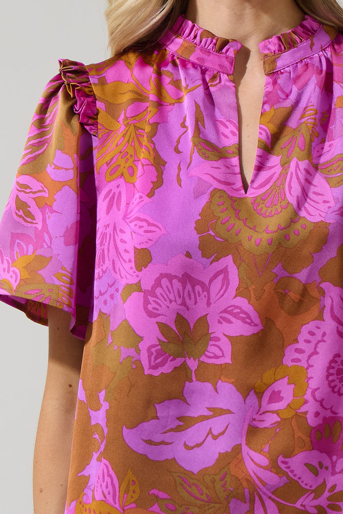 Lorian Floral Mei Split Neck Satin Top