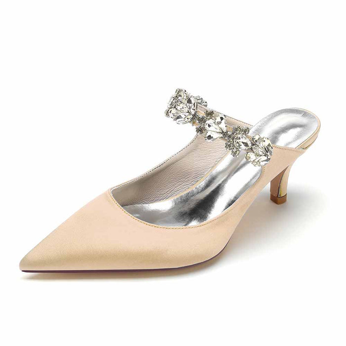 Low Heels Satin Pointed Toe Bridal Mules with Crystal Strap