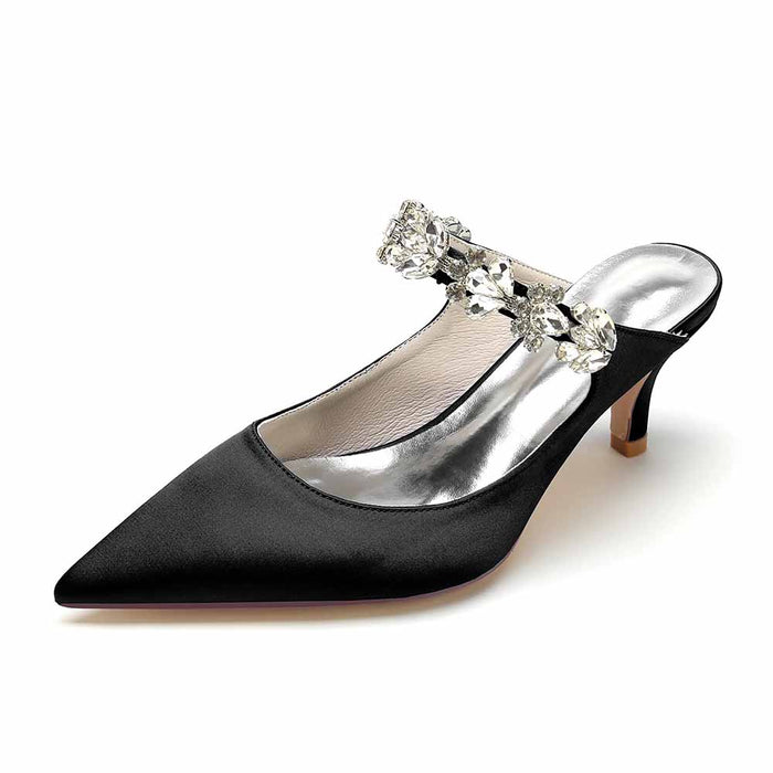 Low Heels Satin Pointed Toe Bridal Mules with Crystal Strap