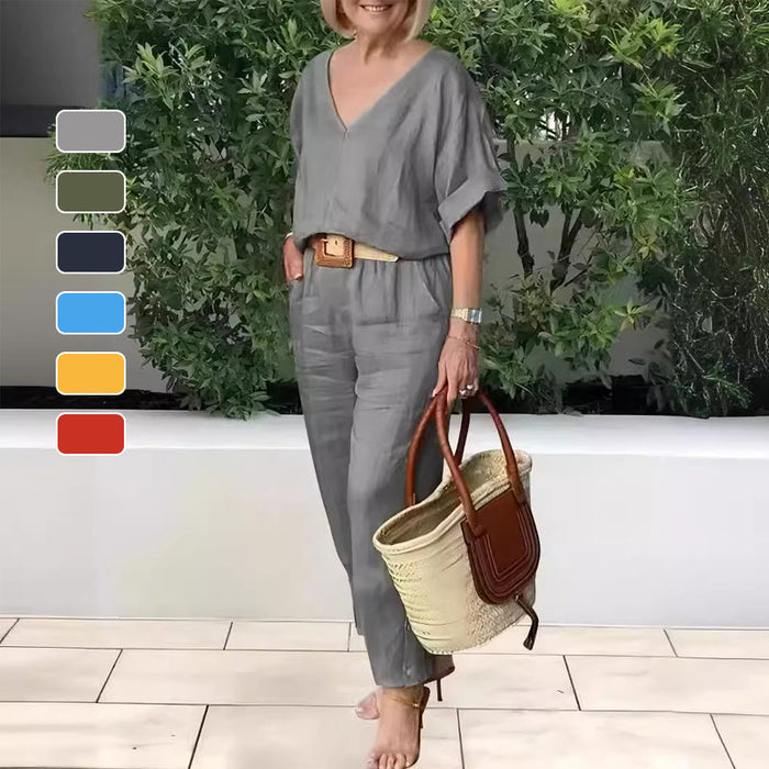 Loxaria - Ensemble femme haut col V pantalon poches style décontracté