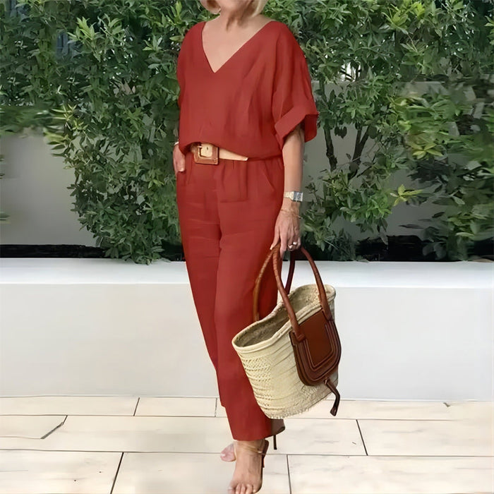 Loxaria - Ensemble femme haut col V pantalon poches style décontracté