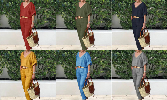 Loxaria - Ensemble femme haut col V pantalon poches style décontracté