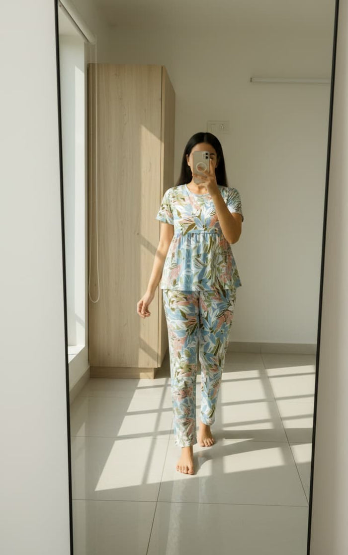 Front view of model in premium cotton nightwear, redefining everyday luxury