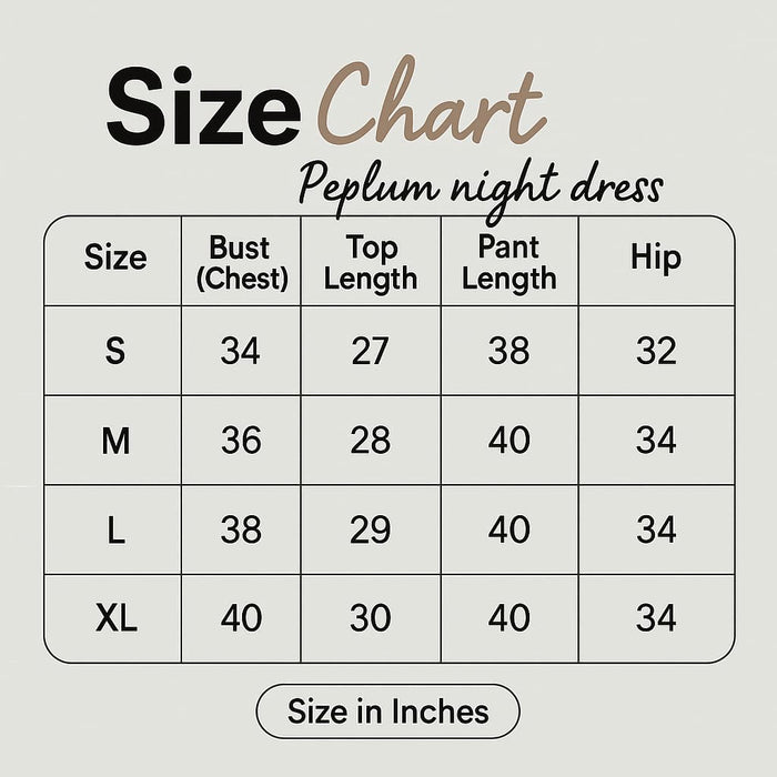 Women’s cotton peplum nightwear size chart with measurements