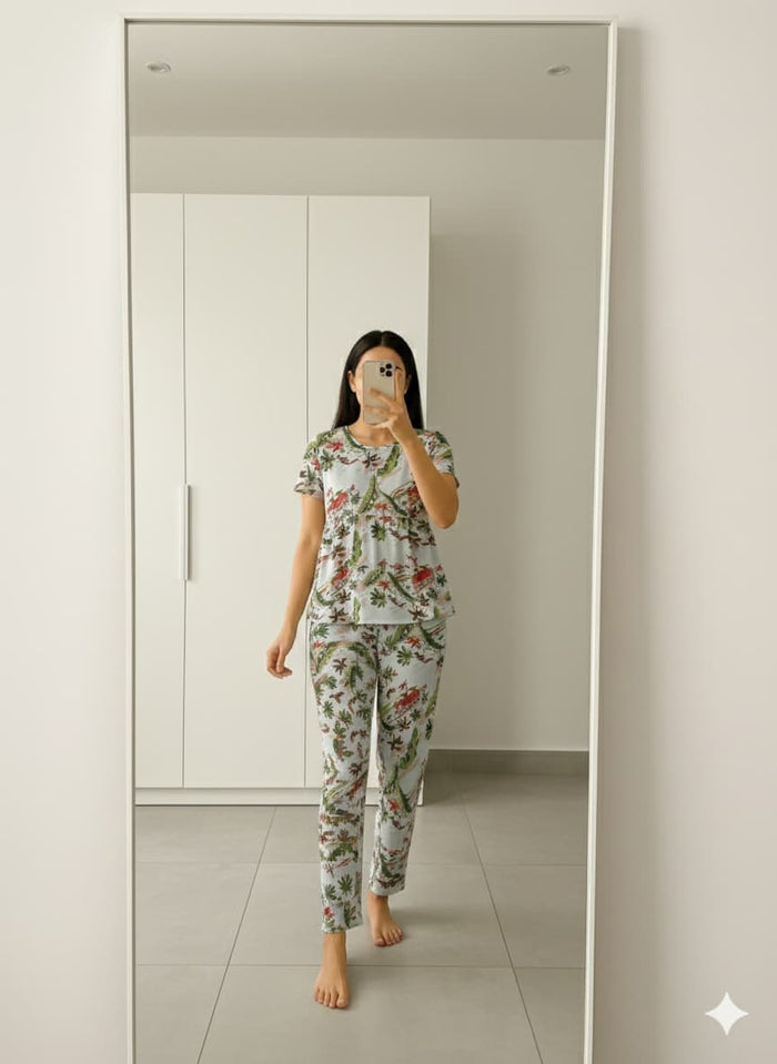 Lumière™ Verdant Calm Printed Peplum Nightwear Set for Women