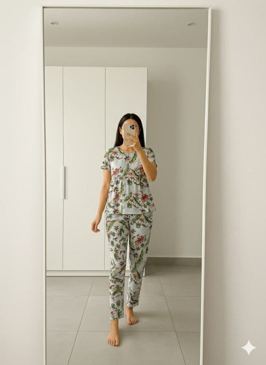Lumière™ Verdant Calm Printed Peplum Nightwear Set for Women