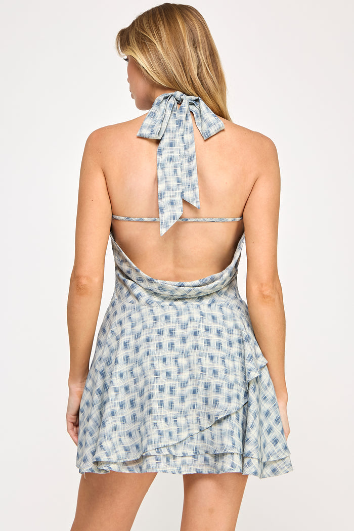 Luna Mini Dress - Tiered Check Print Cowl Neck - SALE