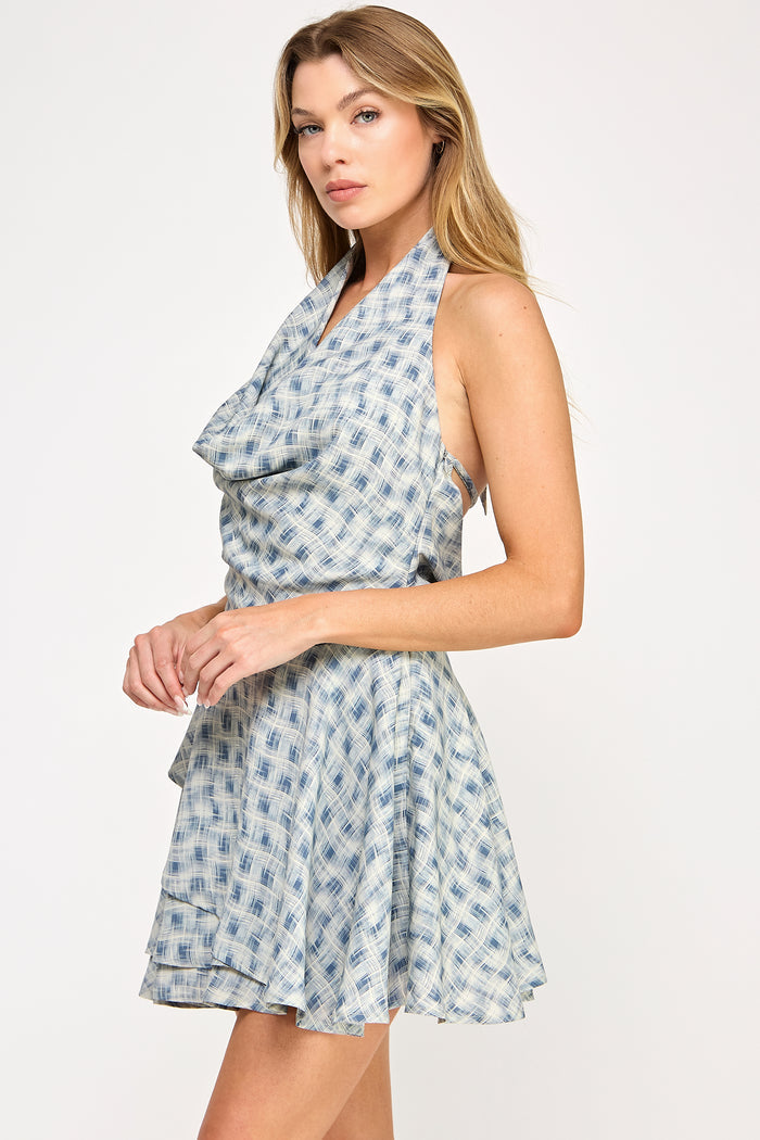 Luna Mini Dress - Tiered Check Print Cowl Neck - SALE