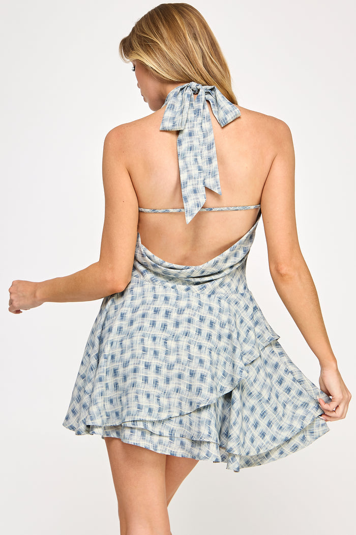 Luna Mini Dress - Tiered Check Print Cowl Neck - SALE