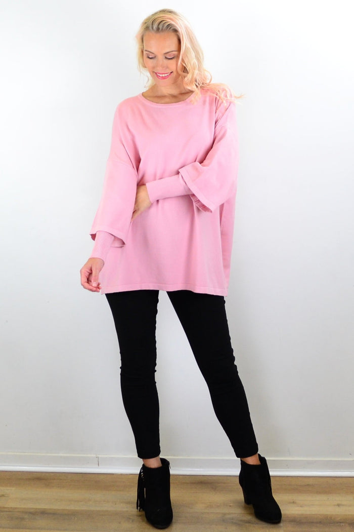 Pink Lush Debs double sleeve tunic jumper by Cali&Co, featuring a relaxed fit and double-layered sleeves, on a model.