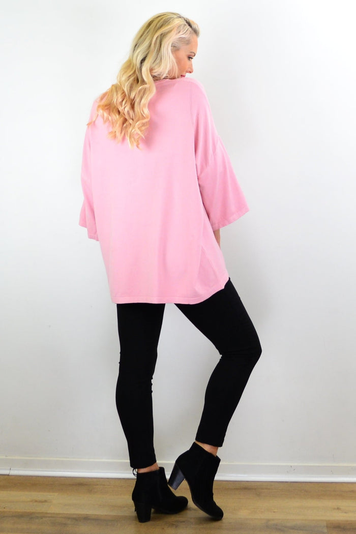 Cali&Co pink Debs double sleeve tunic jumper with relaxed fit, featuring long sleeves and soft fabric, on a neutral background.