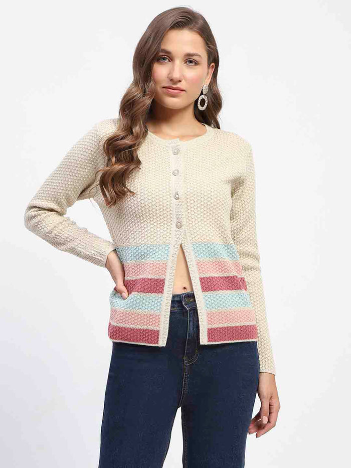 Madame Beige Striped Buttoned Cardigan