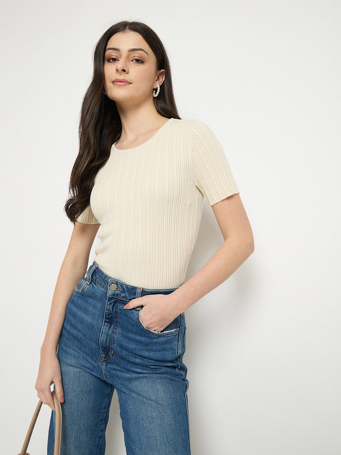 Madame Beige Viscose Blend Knitted T-Shirt