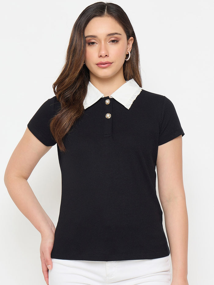 Madame Black Contrast Collar Polo T-shirt