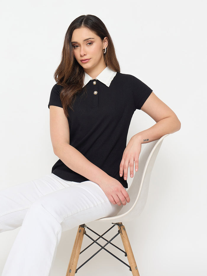 Madame Black Contrast Collar Polo T-shirt