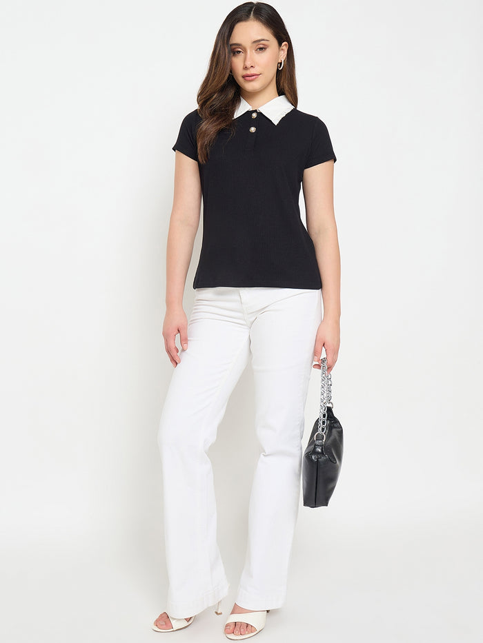 Madame Black Contrast Collar Polo T-shirt