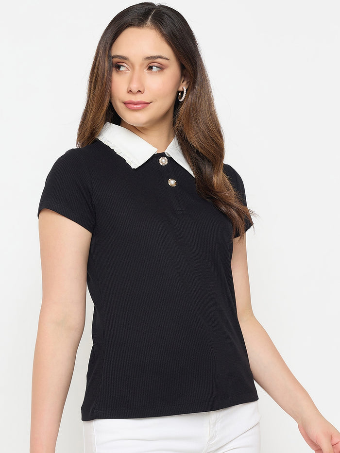 Madame Black Contrast Collar Polo T-shirt