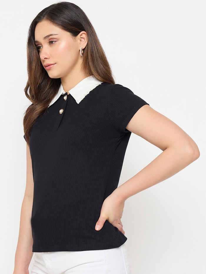 Madame Black Contrast Collar Polo T-shirt