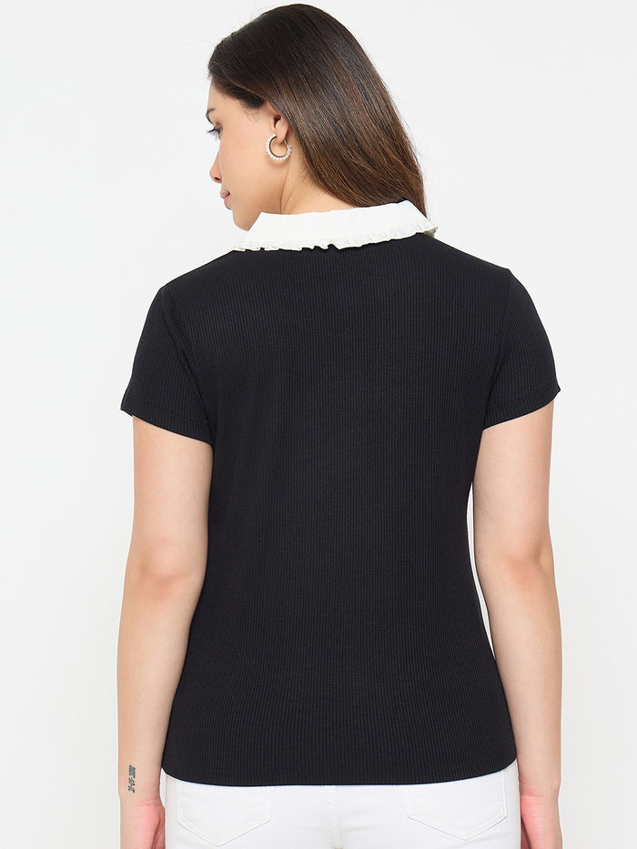 Madame Black Contrast Collar Polo T-shirt