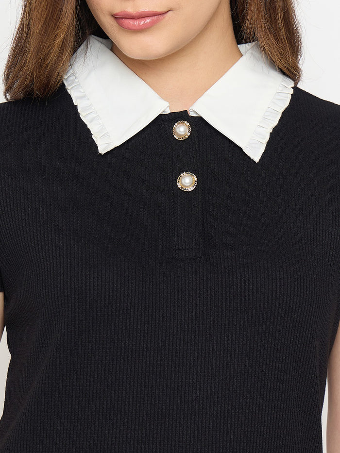 Madame Black Contrast Collar Polo T-shirt