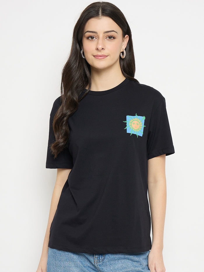 Madame Black Cotton Pocket Print T-Shirt