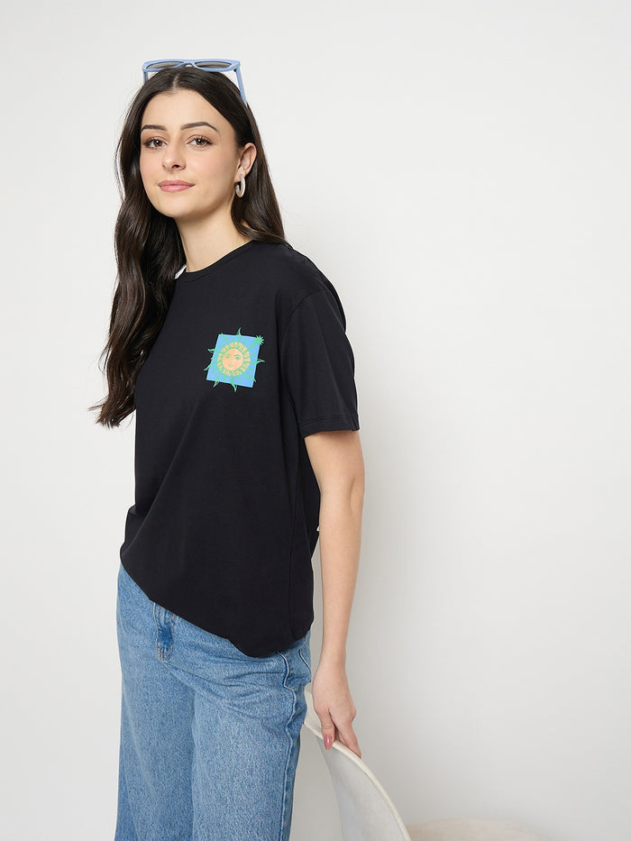 Madame Black Cotton Pocket Print T-Shirt