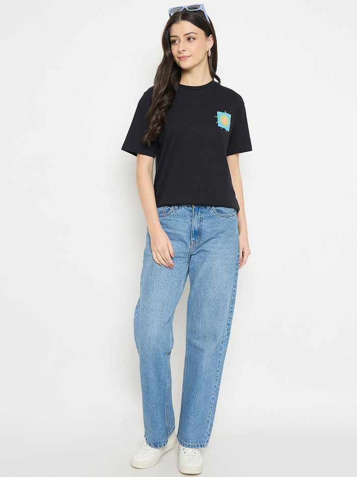 Madame Black Cotton Pocket Print T-Shirt