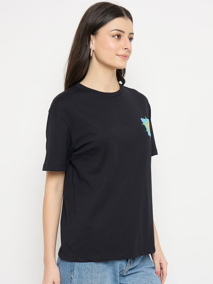 Madame Black Cotton Pocket Print T-Shirt