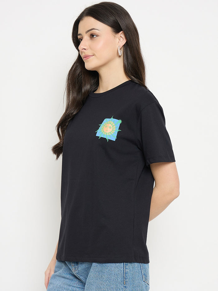 Madame Black Cotton Pocket Print T-Shirt