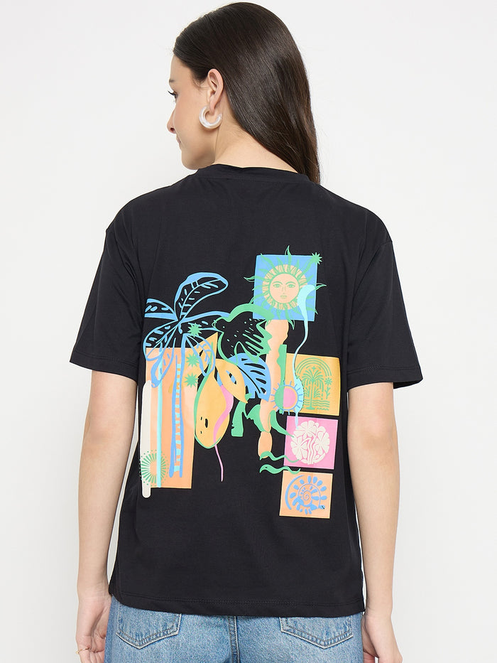 Madame Black Cotton Pocket Print T-Shirt