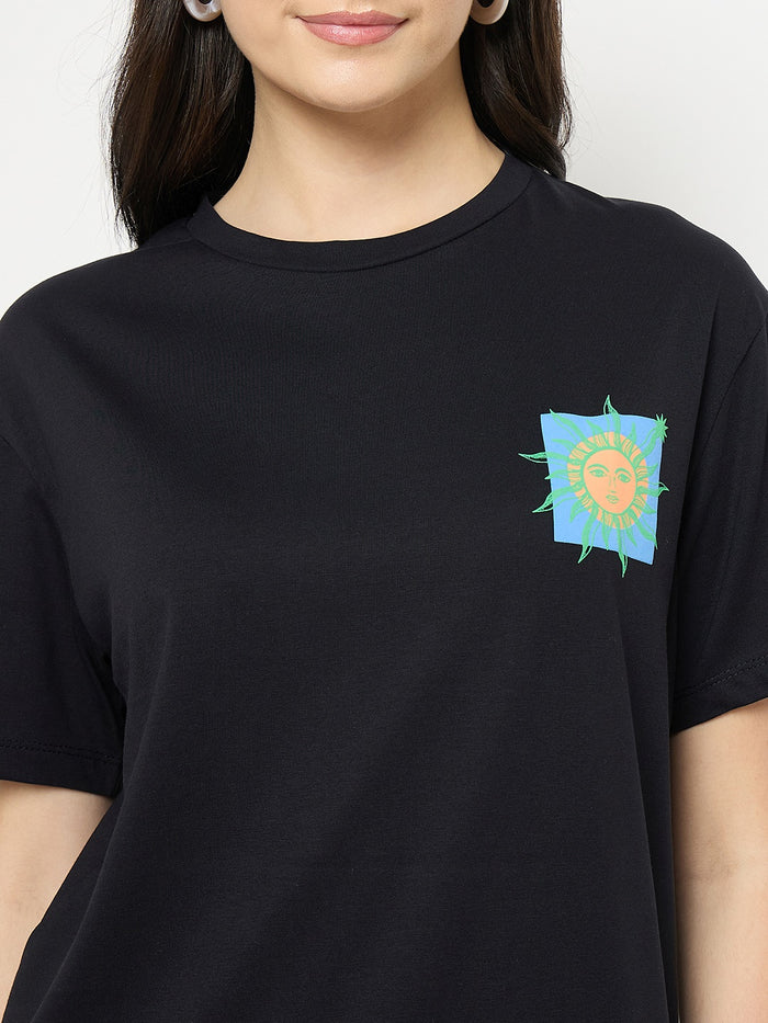 Madame Black Cotton Pocket Print T-Shirt
