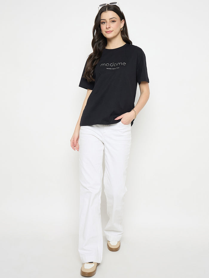 Madame Black Cotton Printed T-Shirt
