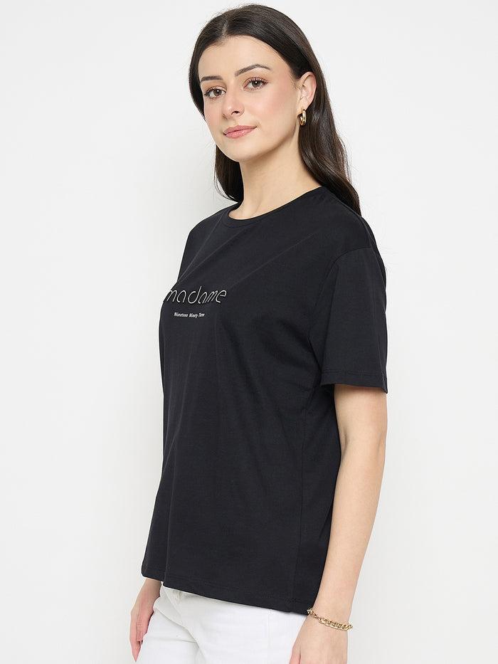 Madame Black Cotton Printed T-Shirt