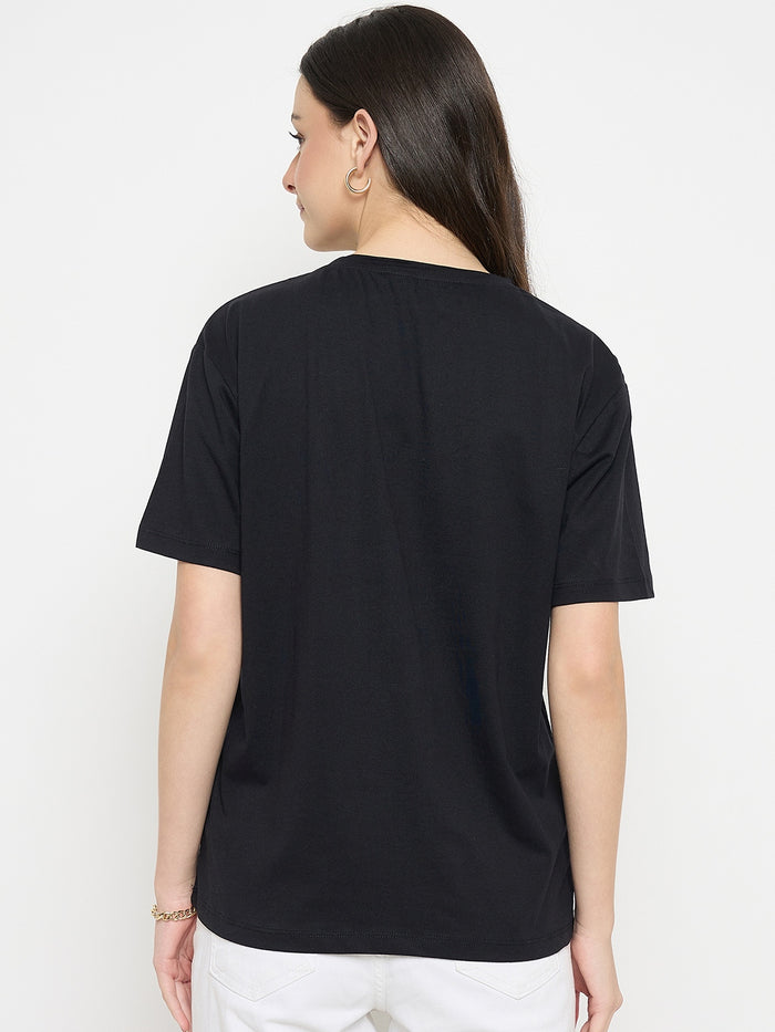 Madame Black Cotton Printed T-Shirt