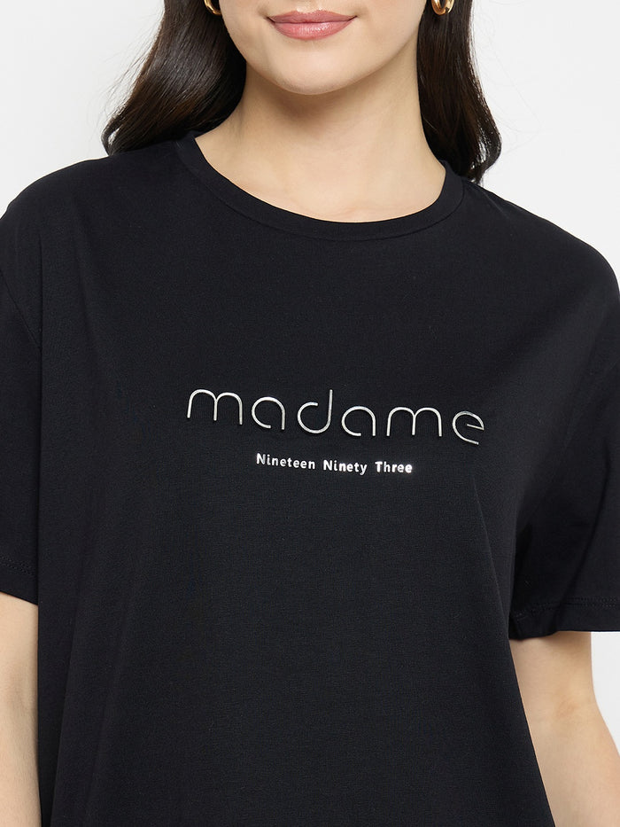 Madame Black Cotton Printed T-Shirt