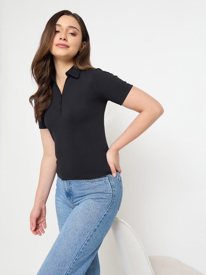 Madame Black Solid Polo T-Shirt