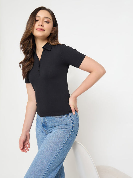Madame Black Solid Polo T-Shirt