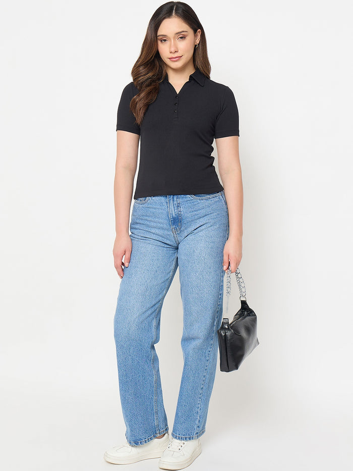 Madame Black Solid Polo T-Shirt