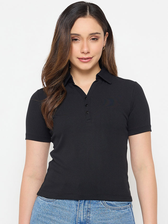 Madame Black Solid Polo T-Shirt