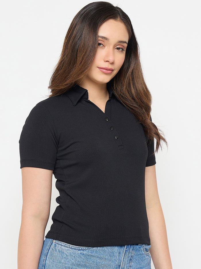 Madame Black Solid Polo T-Shirt