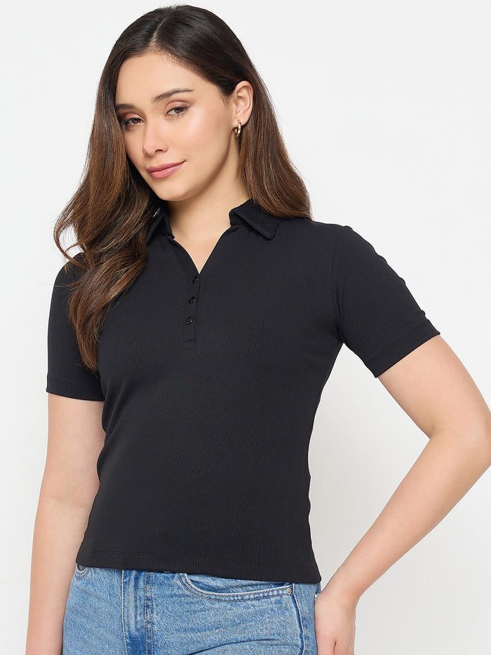 Madame Black Solid Polo T-Shirt